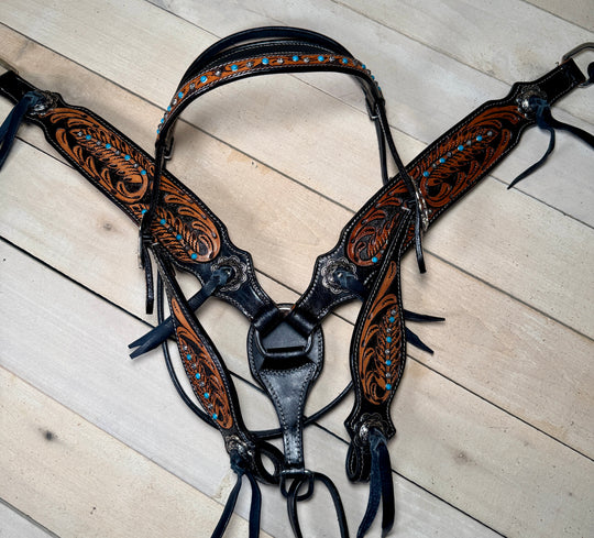 Black Leather Turquoise Feather Tooled Tack Set