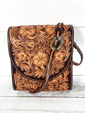 Island Floral Tooled Leather Rectangle Handbag