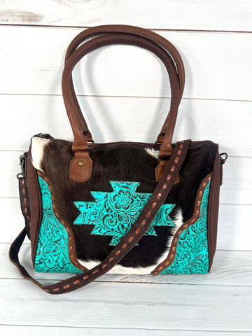 Turquoise Aztec Filigree Cowhide Handle Bag