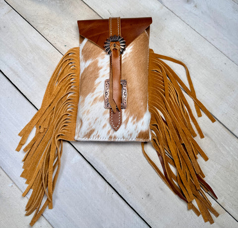 Cowhide Copper Concho Fringe Saddle Bag