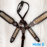 Cowhide on Dark Leather Tack Set with Buckstitch and Crystal Conchos