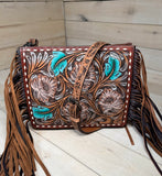 Floral Tooled White Buckstitch and Fringe Crossbody Handbag