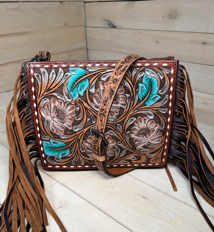 Floral Tooled White Buckstitch and Fringe Crossbody Handbag