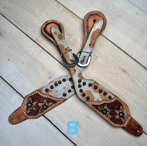 Turquoise Daisy Cowhide Spur Straps