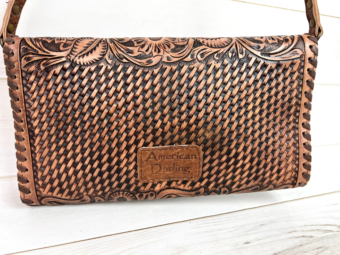 Dark Tooled Leather Envelope Clutch Purse