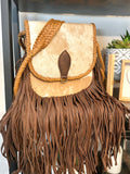 CLEARANCE! Braided Leather Tan and White Cowhide Flap Crossbody Fringe Bag