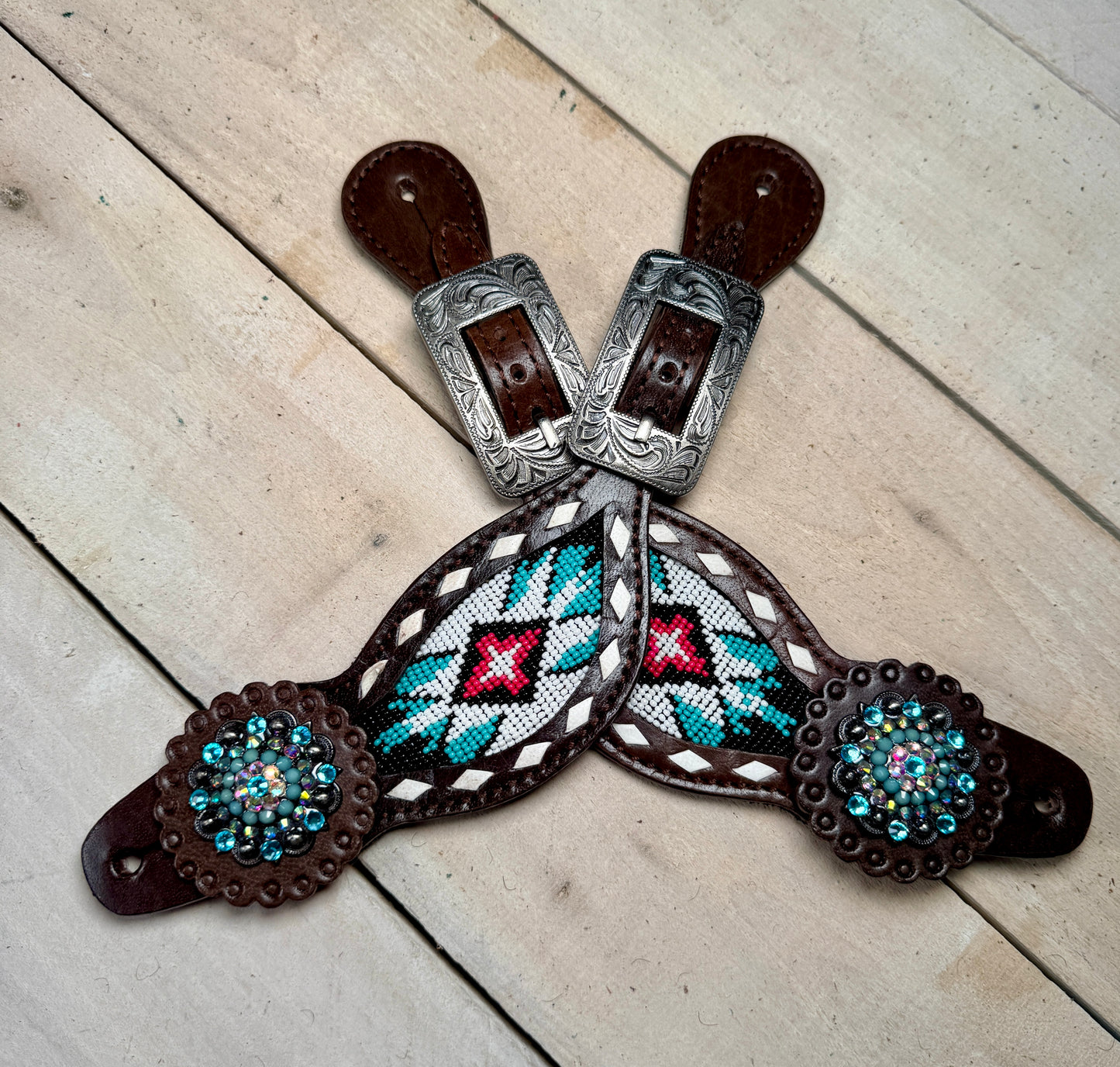 Teal and Pink Beaded Aztec Spur Straps