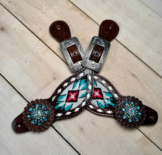 Teal and Pink Beaded Aztec Spur Straps