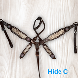 Cowhide on Dark Leather Tack Set with Buckstitch and Crystal Conchos
