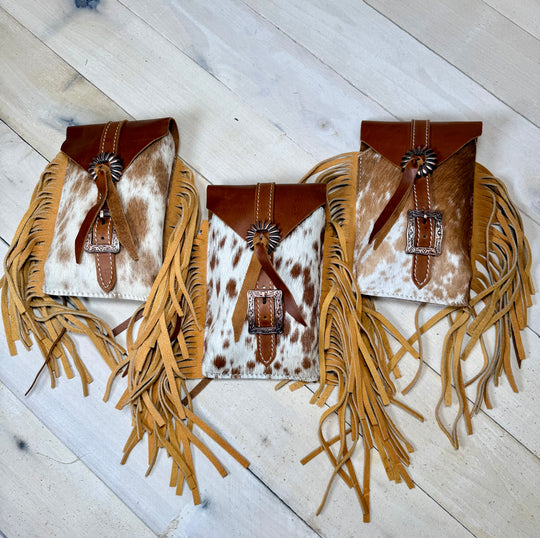 Cowhide Copper Concho Fringe Saddle Bag