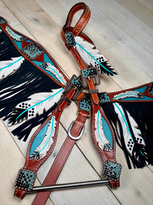 Teal Painted Feathers and Fringe Tack Set
