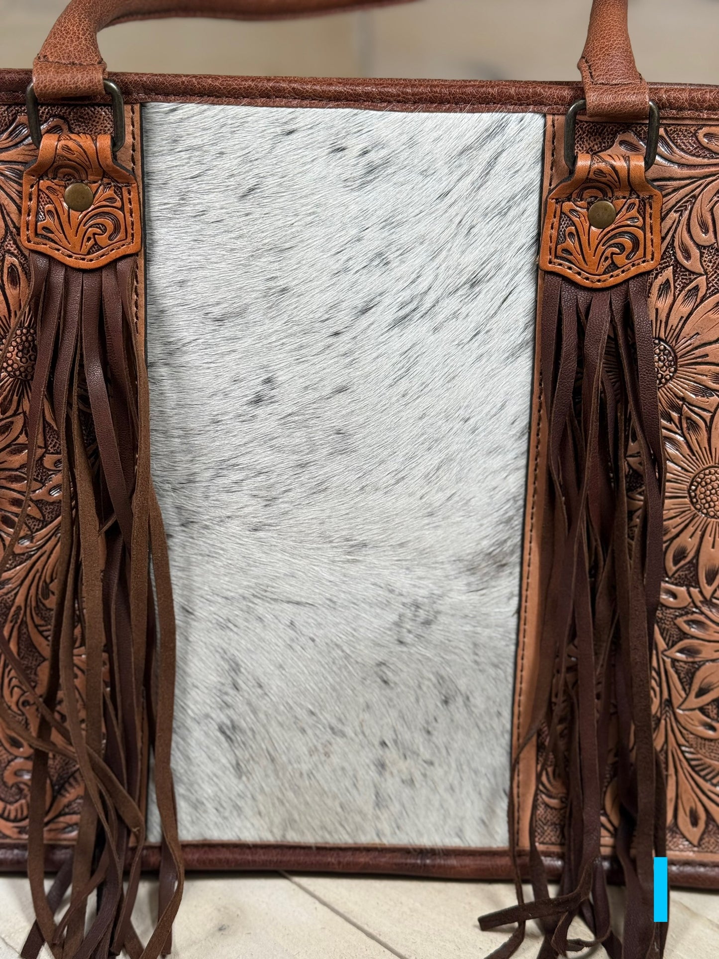 Prescott Brown Pattern Hide Tote with Leather Tooled Sunflowers
