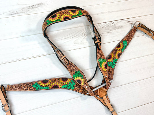 Yellow Sunflower and Green Cactus Tooled Leather Tack Set