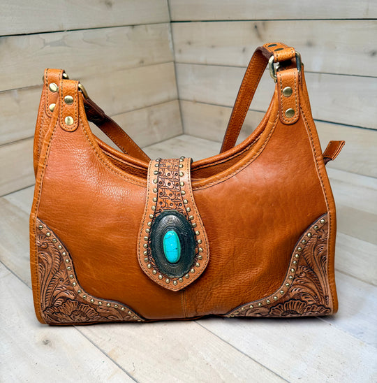 Turquoise Stone Leather Tooled Hobo Shoulder Bag