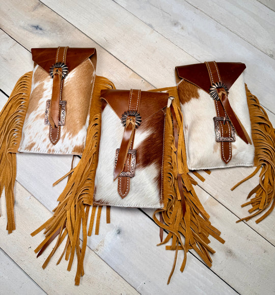 Cowhide Copper Concho Fringe Saddle Bag