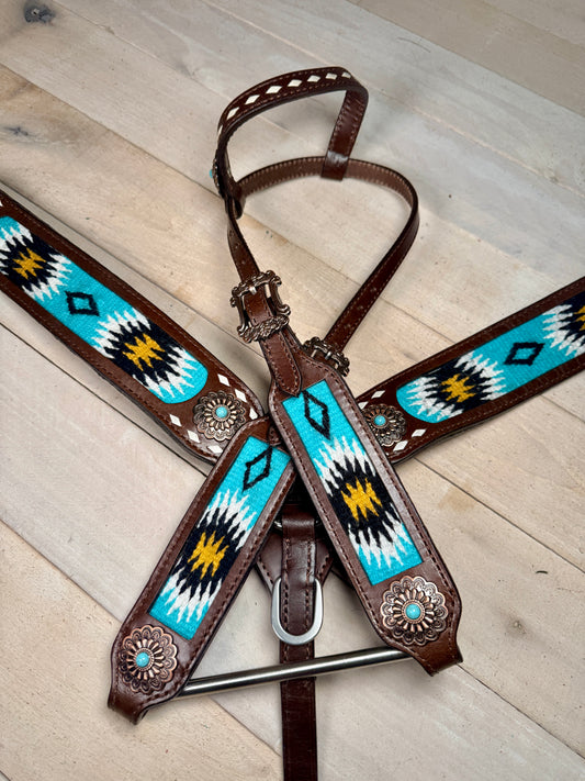Black, Gold and Teal Woven Copper Concho Tack Set