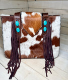 Cowhide Turquoise Stone Whipstitch Handbag