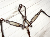 Cowhide on Dark Leather With Buckstitch Crystal Concho Tack Set