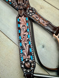 Dark Leather Teal Buckstitch Painted Floral Tack set