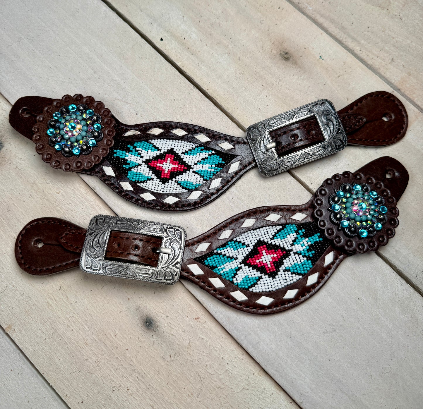 Teal and Pink Beaded Aztec Spur Straps