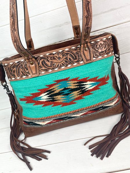 Clearance! Turquoise Wool and Leather Western Aztec Tote with Concealed Carry