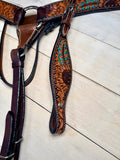 Turquoise Feather Sunflower Tooled  Studded Tack Set