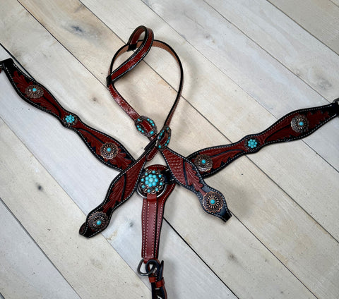 Turquoise Stone Silver Concho Dark Leather Tack Set
