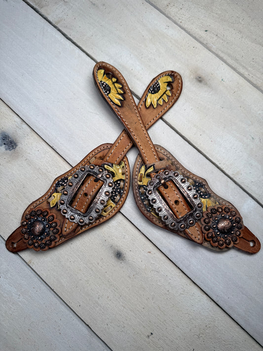 Sunflower Painted Copper Concho Spur Straps
