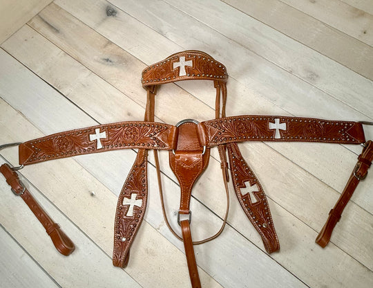 Cross Cutout Floral Tooled Tack Set