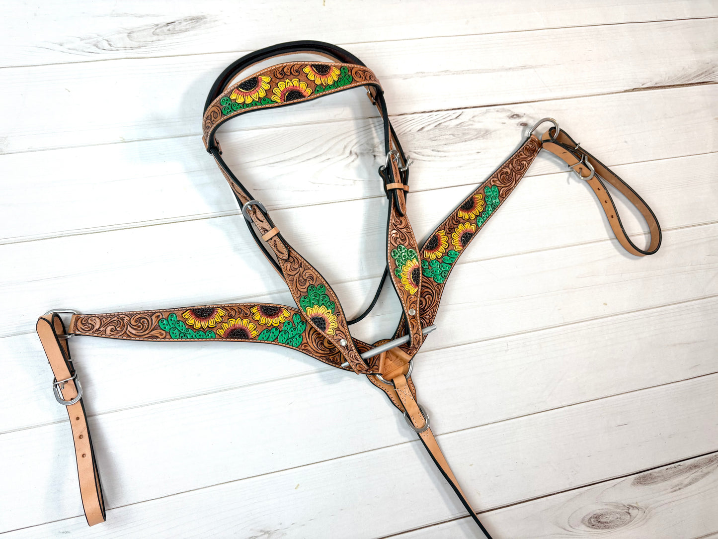 Yellow Sunflower and Green Cactus Tooled Leather Tack Set