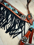 Gold Cross and Teal Beaded Fringe Tack Set
