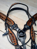 Black Leather Turquoise Feather Tooled Tack Set