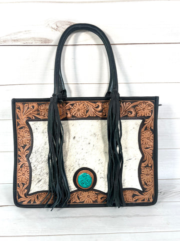 Black Leather Cowhide Large Tote