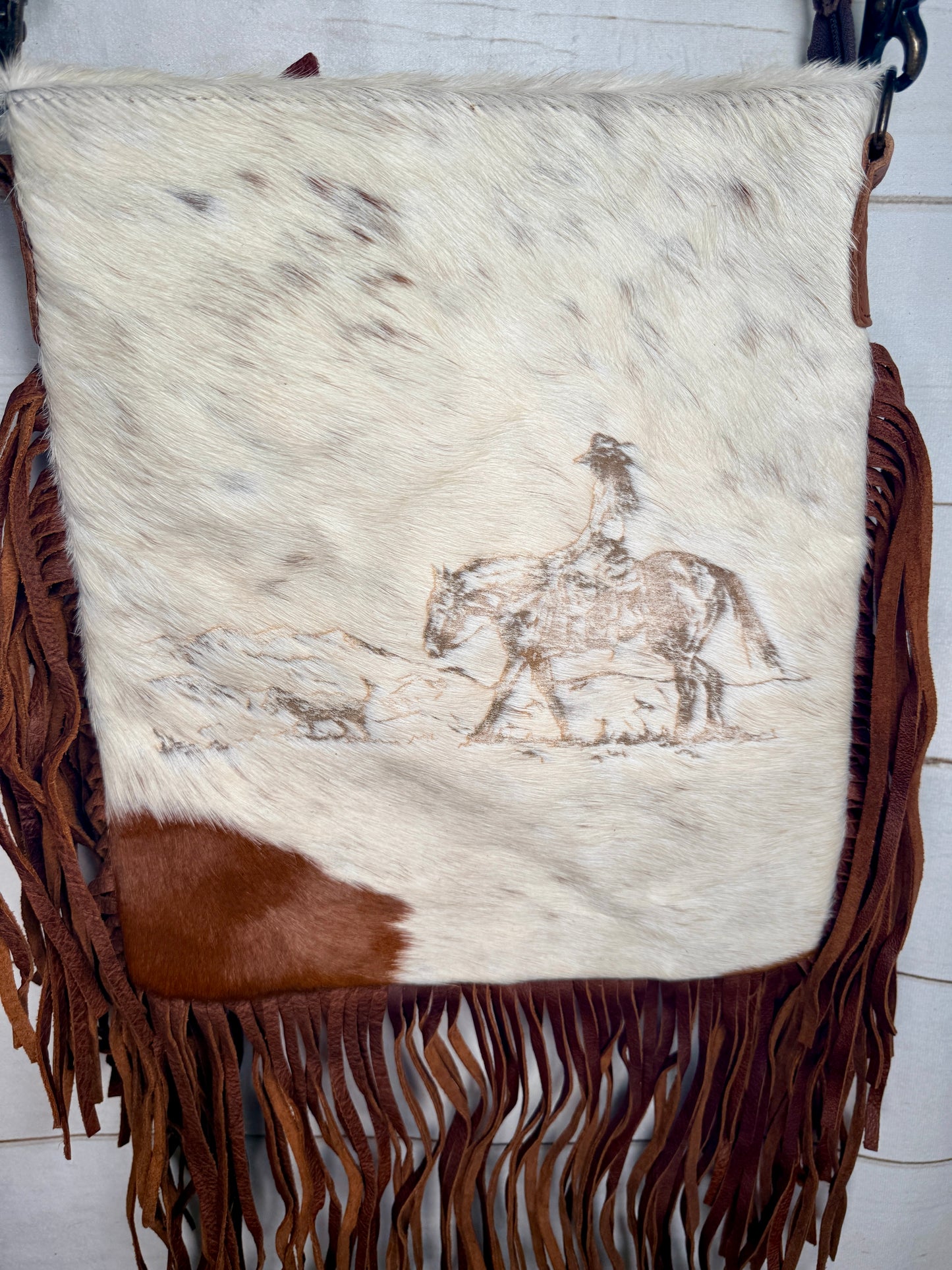 Rancher Branded Large Crossbody Bag with Leather Fringe