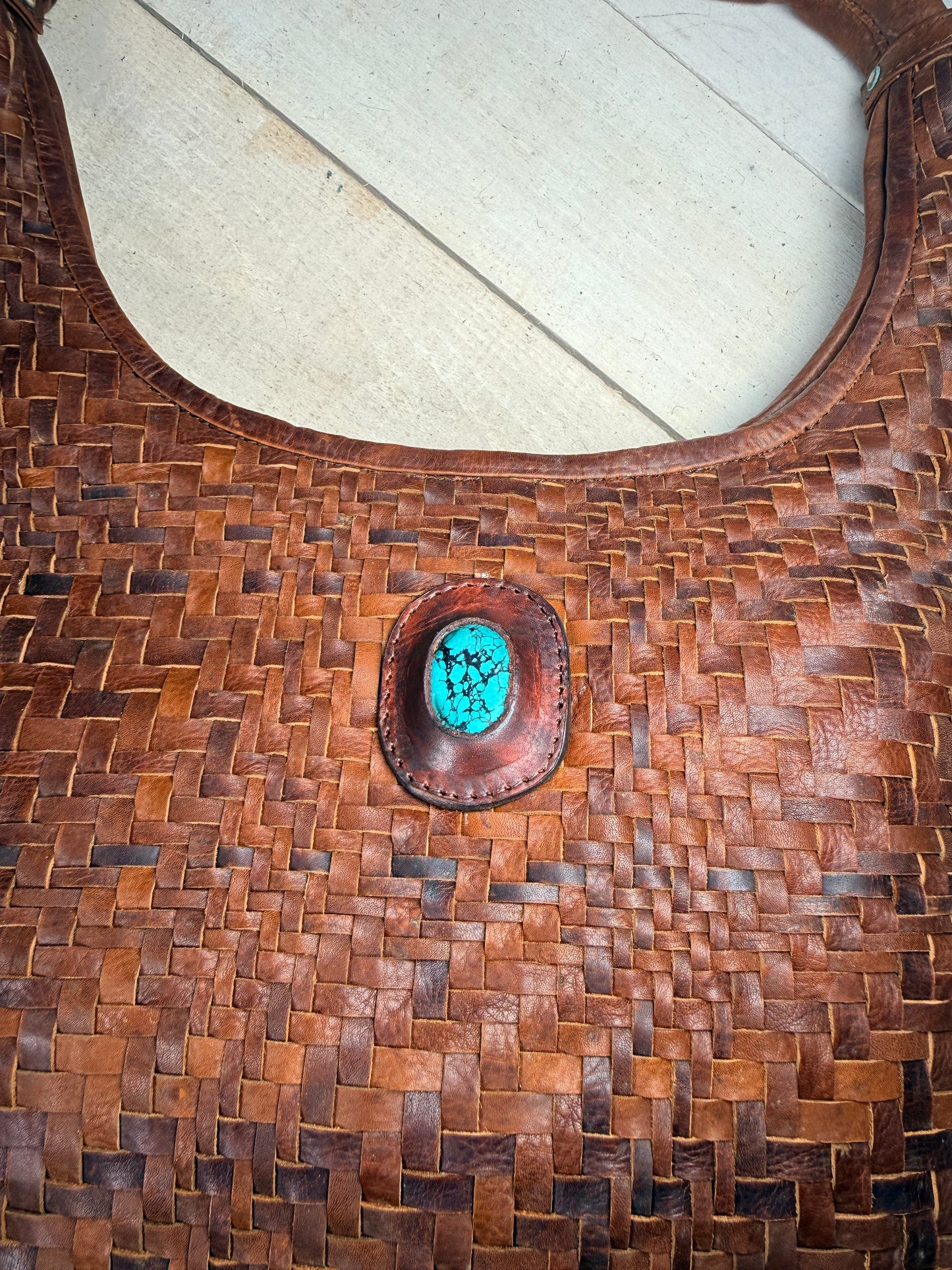 Basket Weave Leather with Turquoise Stone Hobo Bag