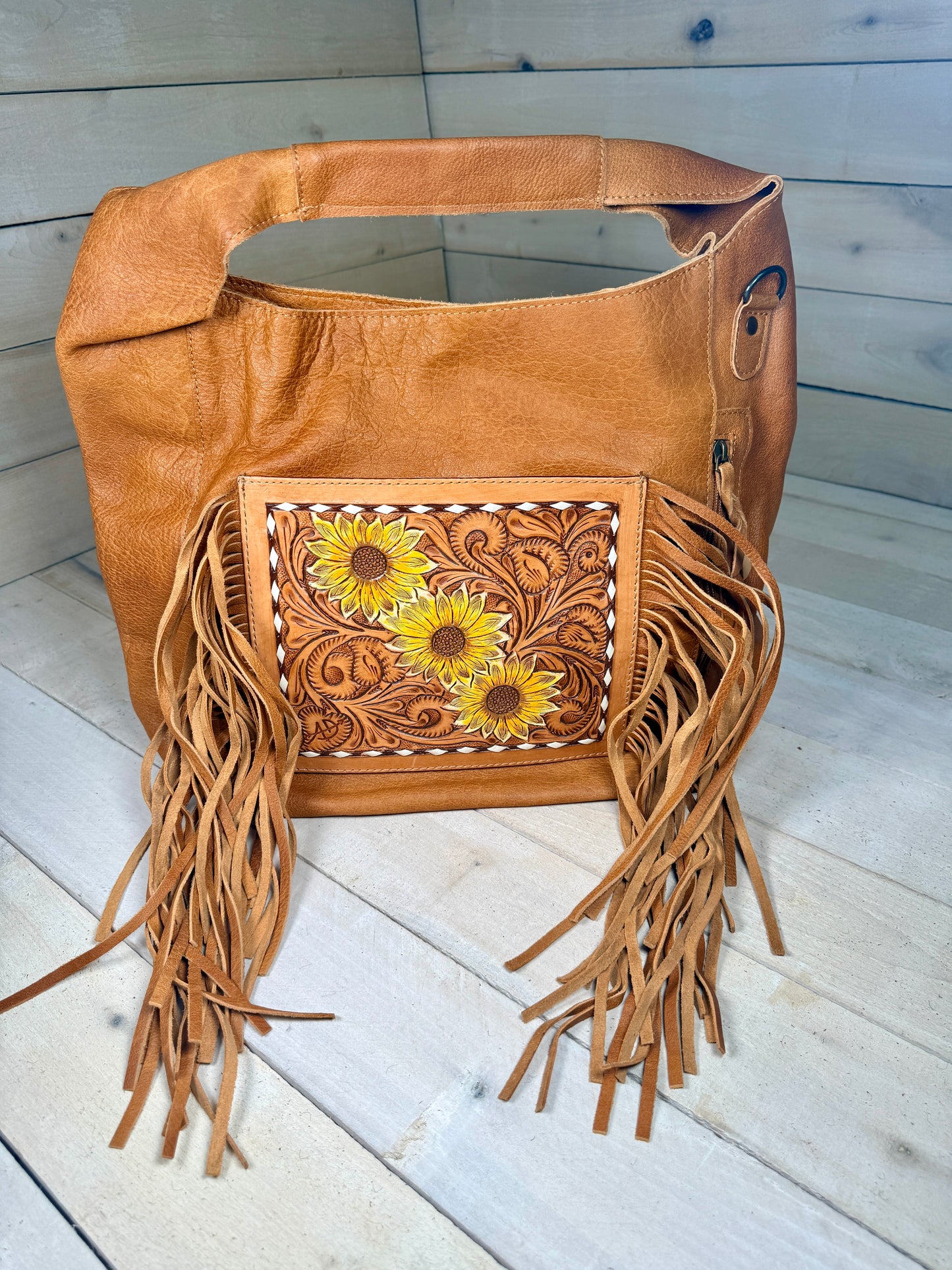 Sunflower Tooled Fringe Soft Leather Hobo