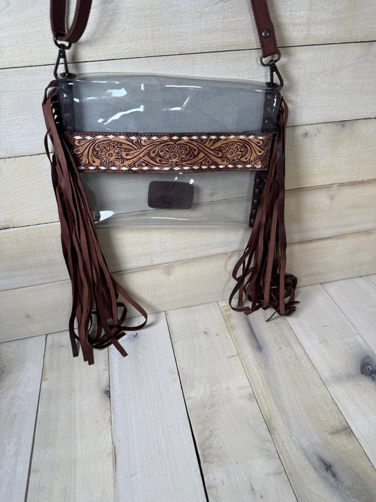 Clear Leather Flower Tooled Buckstitch Crossbody