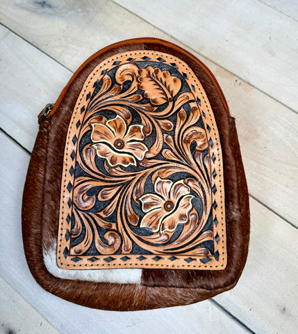 Buckstitch Tooled Leather and Hide Western Sling Bag