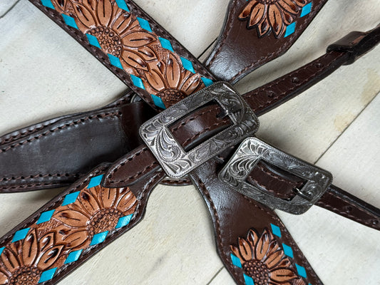 Sunflower Teal Buckstitch Dark Leather Tack Set