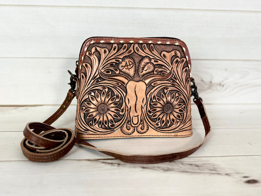 Sunflower Bull Head Leather Tooled and Buckstitch Handbag