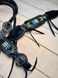Black Leather Orange and Teal Beaded Tack Set