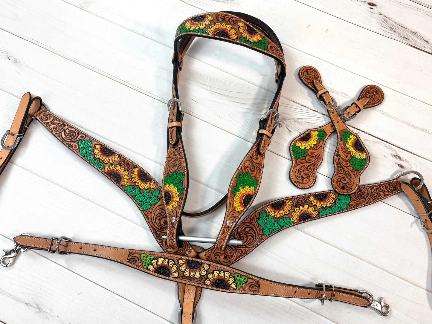 Yellow Sunflower and Green Cactus Tooled Leather Tack Set