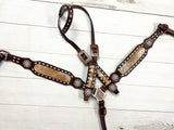 Cowhide on Dark Leather With Buckstitch Crystal Concho Tack Set