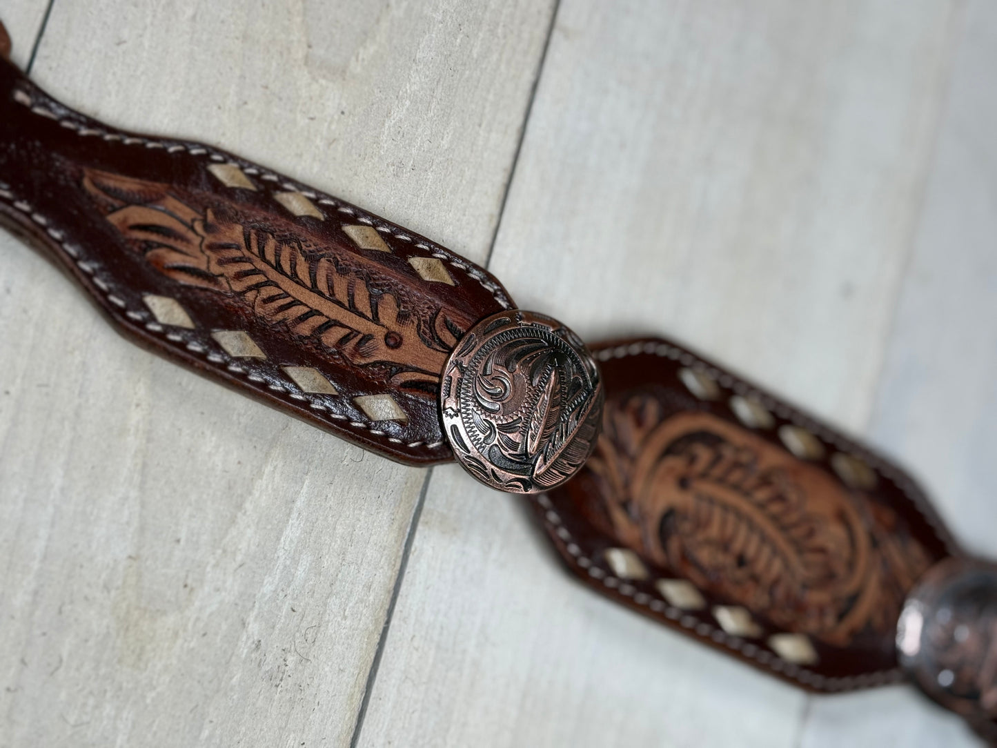 Leather Tooled Feather and Concho Buckstitch Tack Set