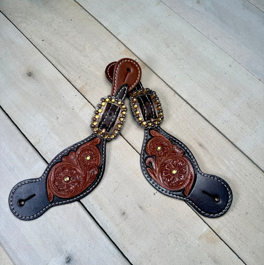 Dark Floral Tooled Yellow Crystal Buckle Spur Strap