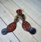 Dark Floral Tooled Yellow Crystal Buckle Spur Strap