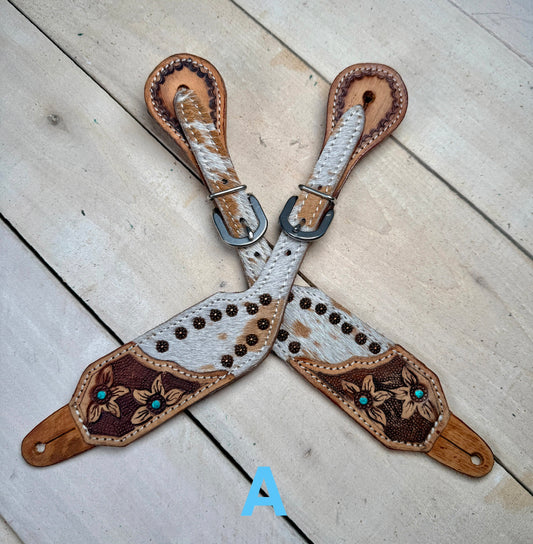 Turquoise Daisy Cowhide Spur Straps