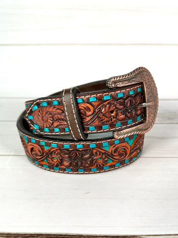 Turquoise Inset Dark Leather Tooled Belt