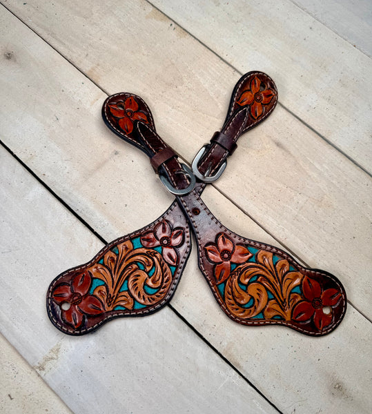 Floral Tooled Turquoise Painted Inset Leather Spur Strap