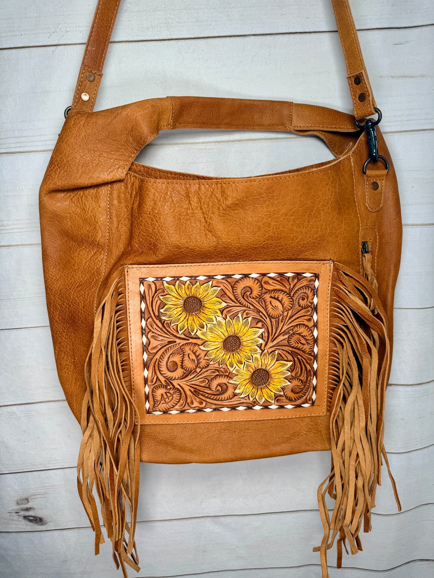 Sunflower Tooled Fringe Soft Leather Hobo